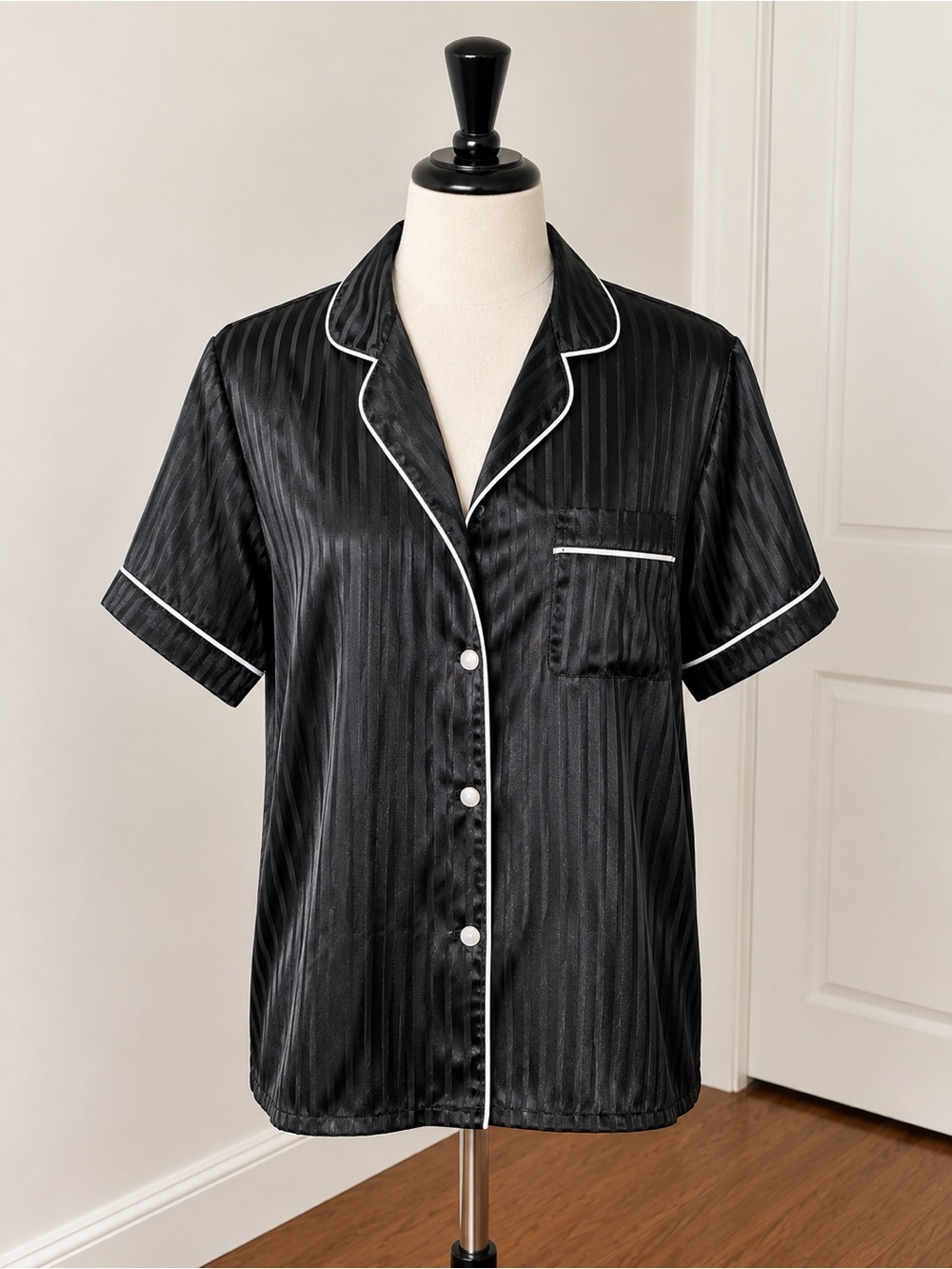 Black Satin Short-Sleeve Pajama Top with White Piping